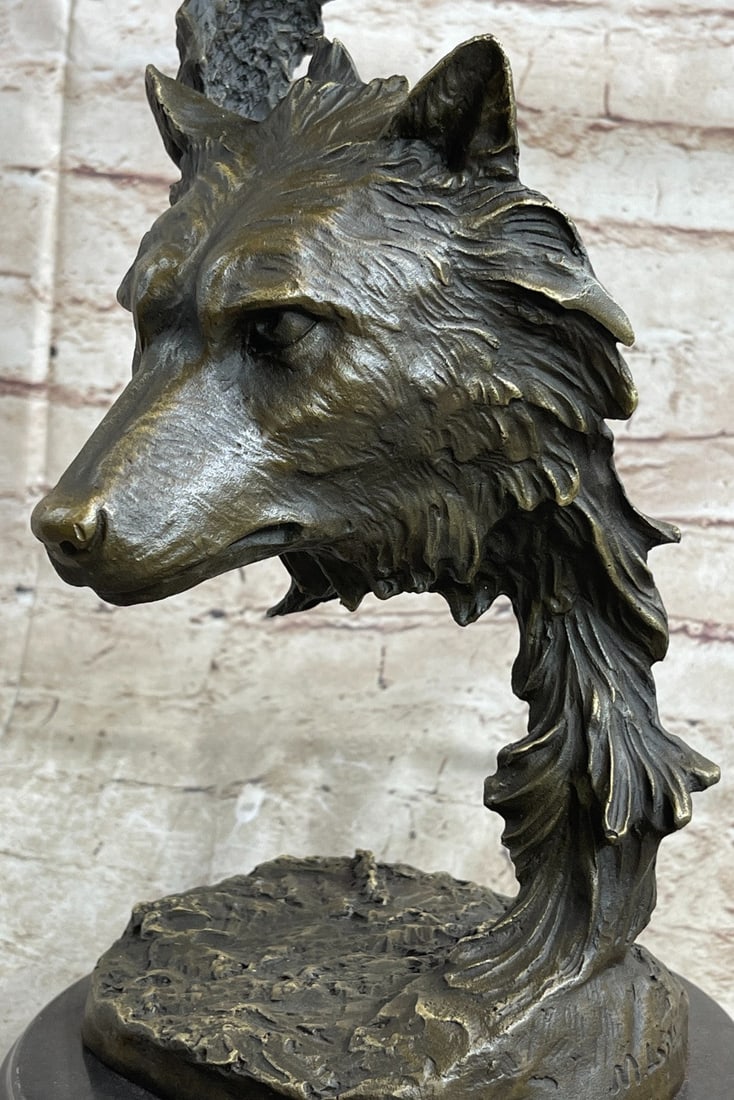 Two Wolves Head Bust Bronze Sculpture - 6