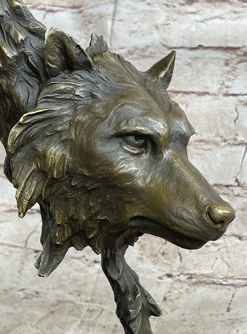 Two Wolves Head Bust Bronze Sculpture - 7