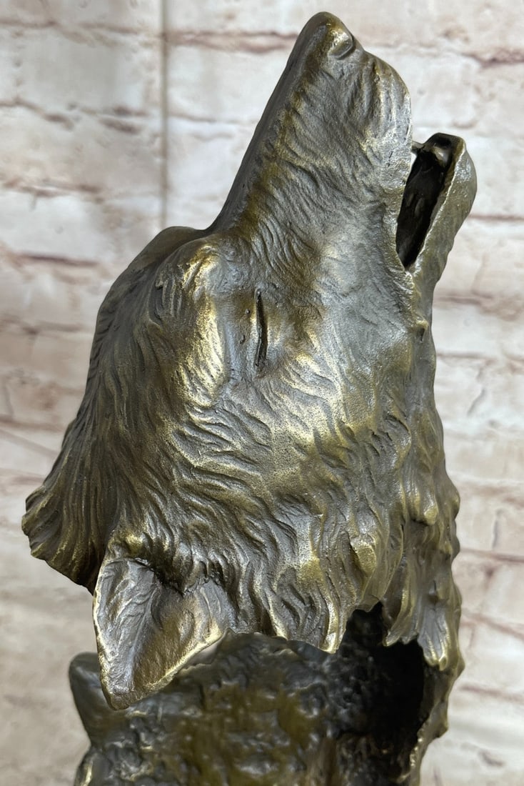Two Wolves Head Bust Bronze Sculpture - 9