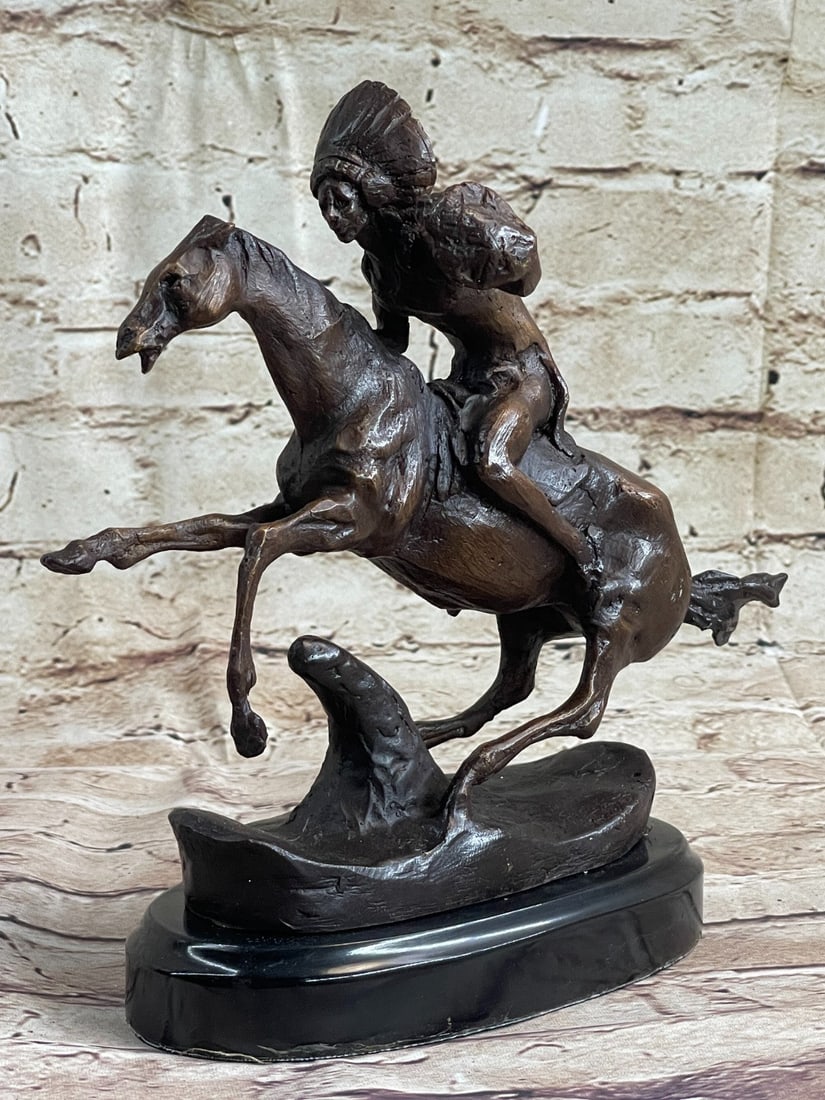 Warrior Bronze Sculpture: This is a very interesting Sculpture of a Native American chief. He sits on his trusted horse and wanders the land, holding a spear and prepared for any potential threats. He has triumphed over many d