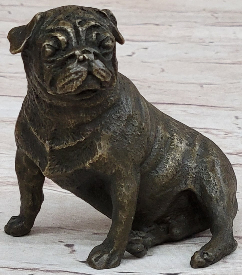 Green Patina Pug Dog Bronze Sculpture: This is a sweet little seated pug made of 100% finest Bronze. It is a beautiful animal casting, suitable for everybody who likes dogs and in particular pugs. Our little pug Sculpture was produced usin