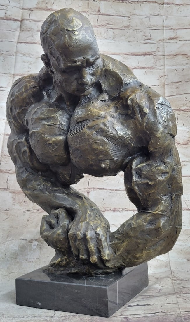 Male Athletic Sensual Bronze Statue: The composition highlights the enormous strength of the upper torso of a bodybuilder by extracting the lower half of the body. The weight of the sculpture rests entirely on his two fists as they lead 