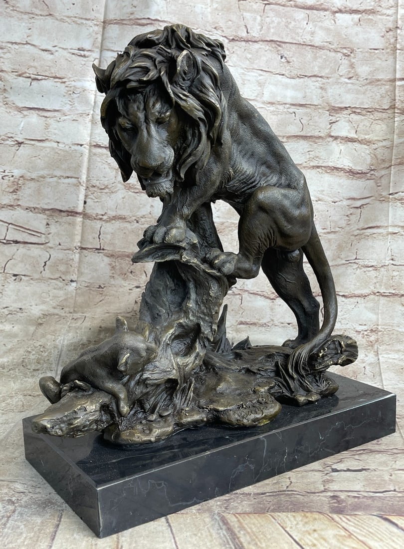 Bronze African Mountain Lion with Cub Statue Sculpture: This beautiful family of Lions looks adorable, Male Lion stands and paces back and forth on the lookout. The little cub is trying to reach up to his dad. He seems very comfortable and loving with his 