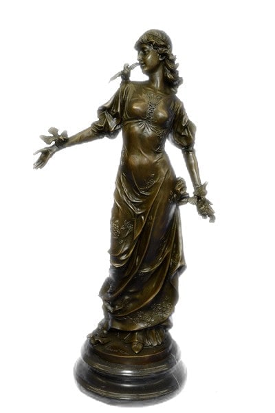 Fairy With Birds Bronze Statue: Superb bronze nude depicts a beautiful lady tenderly holding her bird. Shes beautifully sculptured from all angles of view. The detail and composition are excellent. The bronze is mounted on its