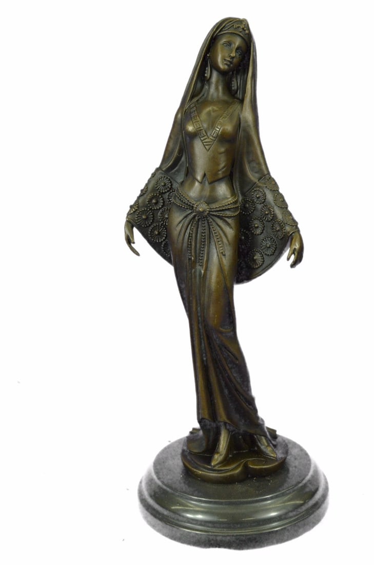 Middle Easter Persian Princess Bronze Sculpture: This lovely original Sculpture of an Arabian woman Standing gracefully and dancing. She is really concentrated on the music instrument playing on the radio, she carefully listening to music not to