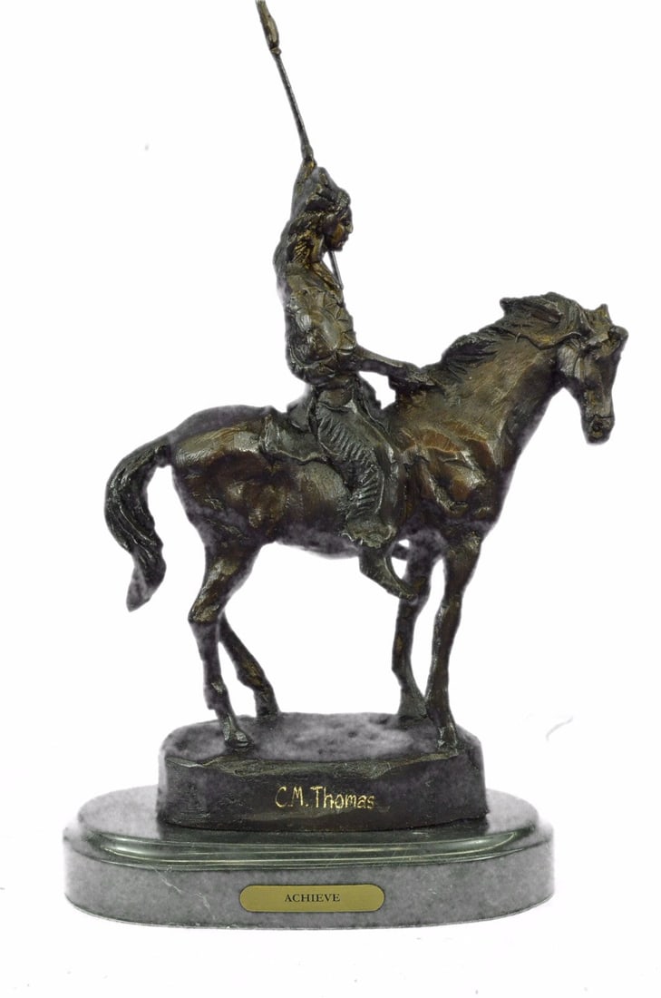 Native American on Horse with Spear Bronze Sculpture: This is a very interesting Sculpture of a Native American chief. He sits on his trusted horse and wanders the land, holding a spear and prepared for any potential threats. He has triumphed over many
