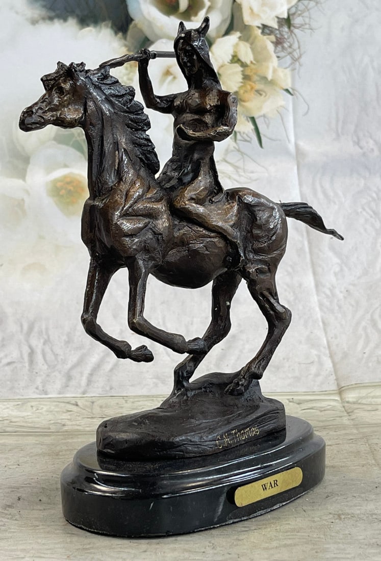 Warrior Chief on Horse Bronze Sculpture: This is a very interesting sculpture of a Native American chief. He sits on his trusted horse and wanders the land, holding a gun and prepared for any potential threats. He has triumphed over many