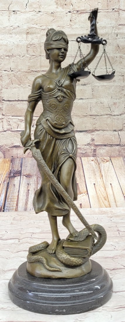 Lady Blind Justice Bronze Statue: The bronze sculpture is of Lady Justice Roman goddess of Justice who is the symbolic personification of the moral force in judicial systems. As anciently depicted, the blindfolded Lady Justice is seen