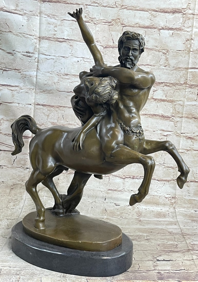 Centaurs Abducting Nude Woman Bronze Sculpture: Centaurs, half-horse, and half-man inhabited the forests of Thessaly in Greek mythology. They have been described as savage and rude creatures. Here this significantly strong beast is carrying off a
