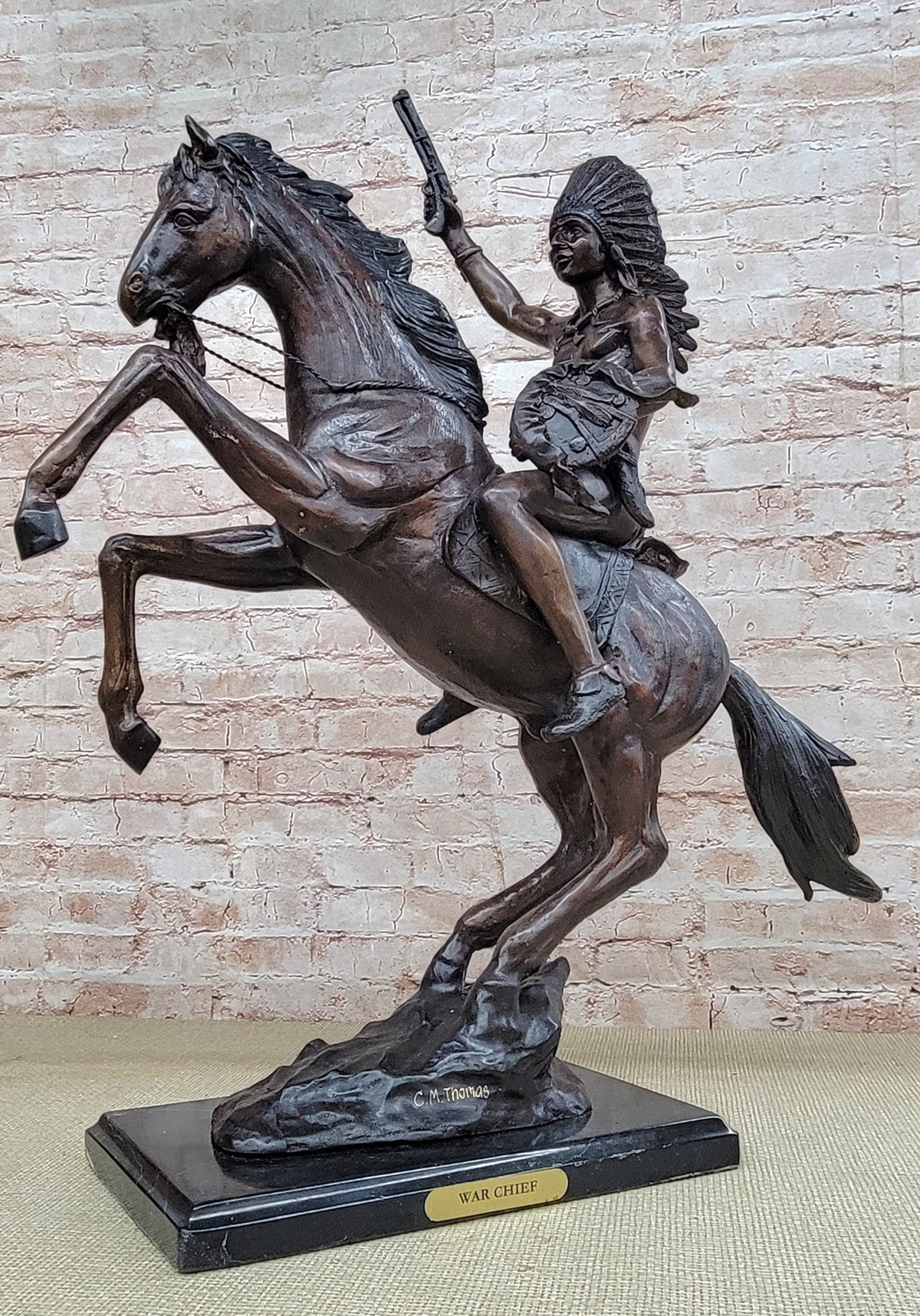 Warrior on Horse Bronze Sculpture: This is a very interesting Sculpture of a Native American chief. He sits on his trusted horse and wanders the land, holding a spear and prepared for any potential threats. He has triumphed over many d