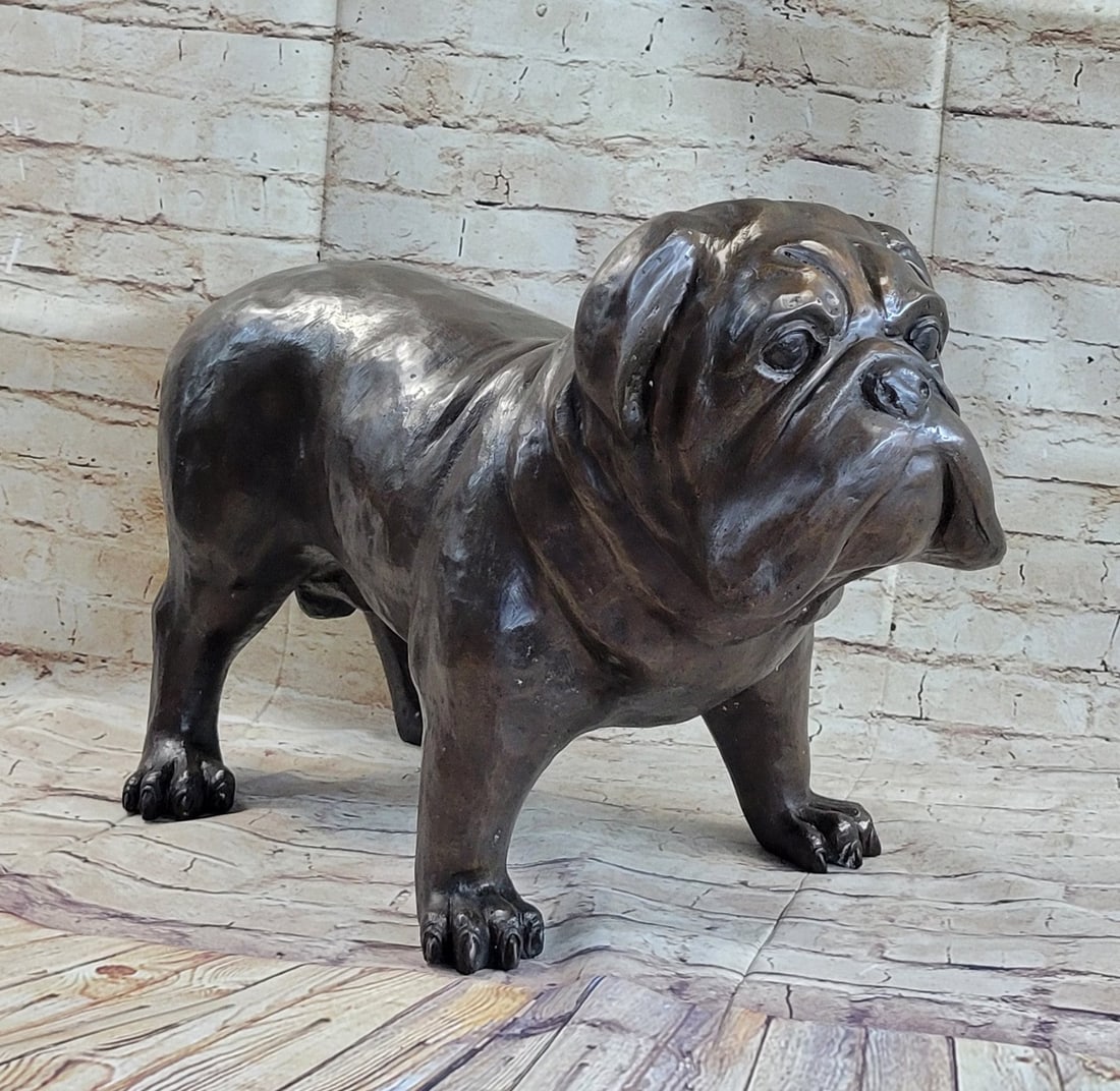 Noble English Bulldog Bronze Sculpture: A noble Bulldog, standing four-square, chunky and handsome, This sculpture represents all that it should for this super breed. The piece weighs just over 35 LBS, is made from real hot cast Bronze and 