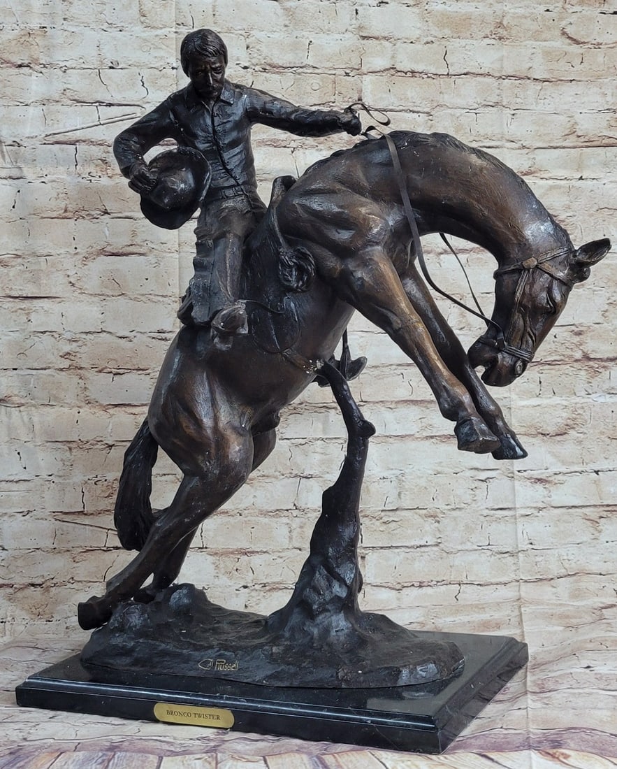 Twister Cowboy on Horseback Bronze Sculpture: Bronco Twister, a Bronze Statue is handmade and cast in the traditional Lost Wax Casting Process. This is a multi-step process that insures a quality Bronze Sculpture that may be passed down from