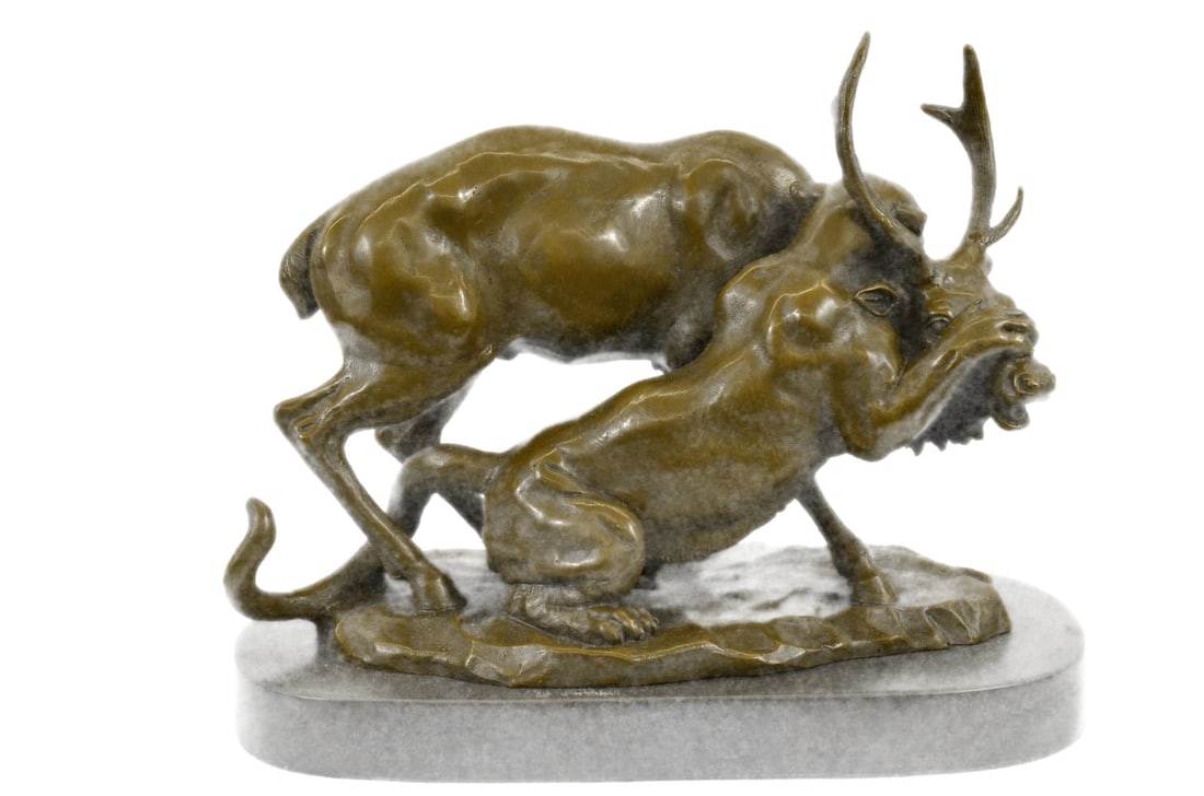 Confrontation Between Lion and Elk Deer Bronze Statue: They lurk in the shadows. Their eyes see all. Their movements are lethally stealth. This poor moose discovered just that as he took a lazy moment to graze in what he thought was a deserted field. A fa