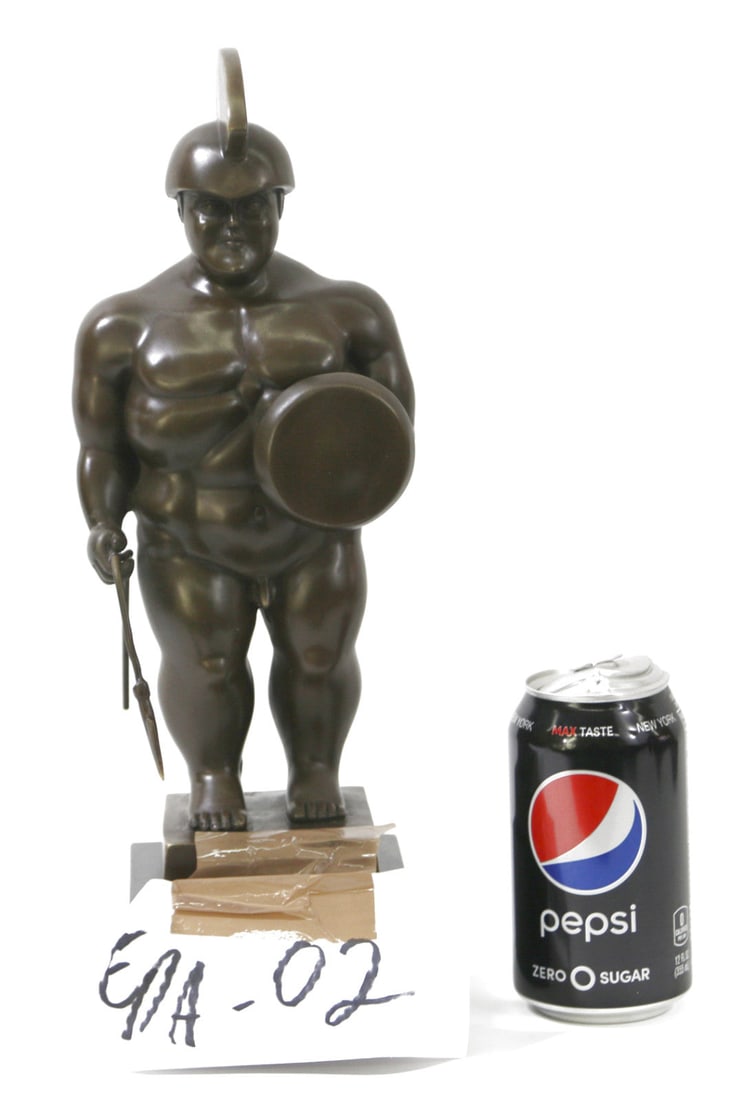 Roman Soldier Bronze Sculpture: This is Roman Warrior Bronze Sculpture, which stands proudly where he always has. The small shield much smaller than a Roman soldier would have used and what I can only guess is a baby pilum without