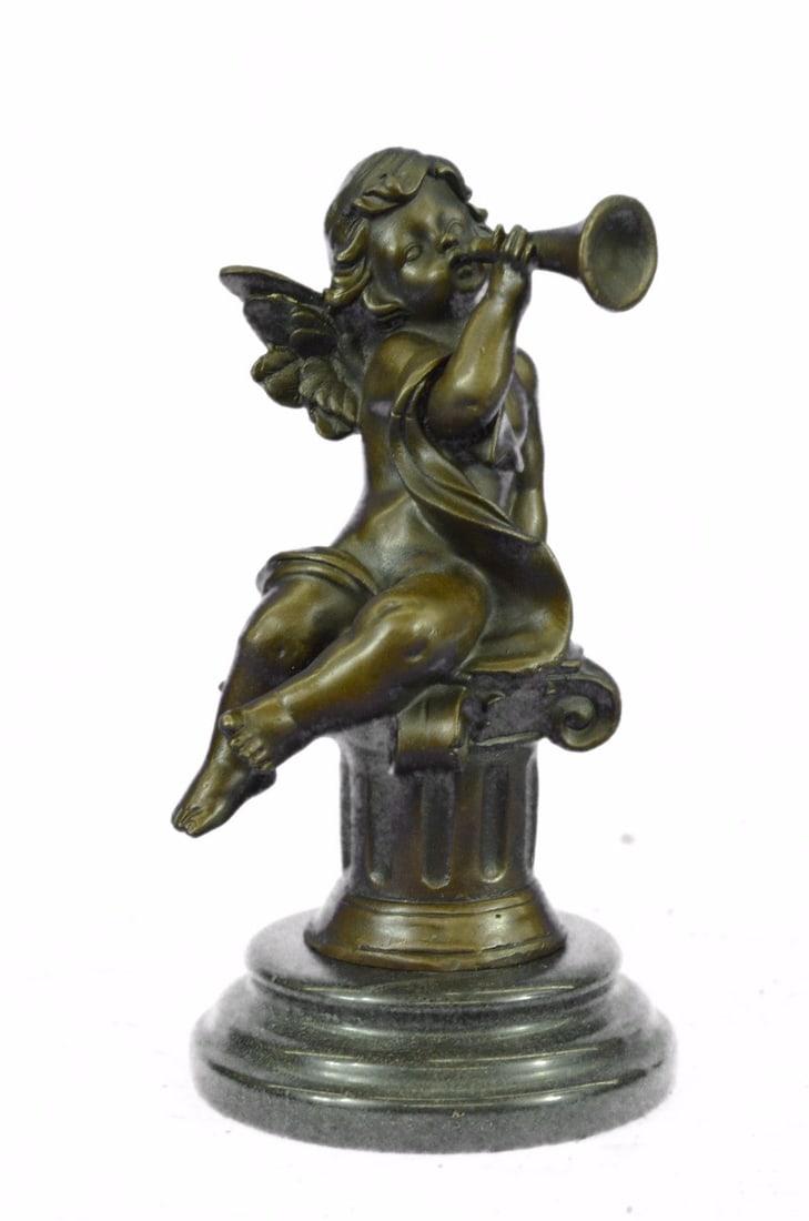 Cherub Trumpet Musician Artist Angel Bronze Statue: This beautiful bronze statue depicts an adorable little cherub playing the trumpet. It is part of a series of cherub musicians and would look equally good inside your house or in your garden. He has