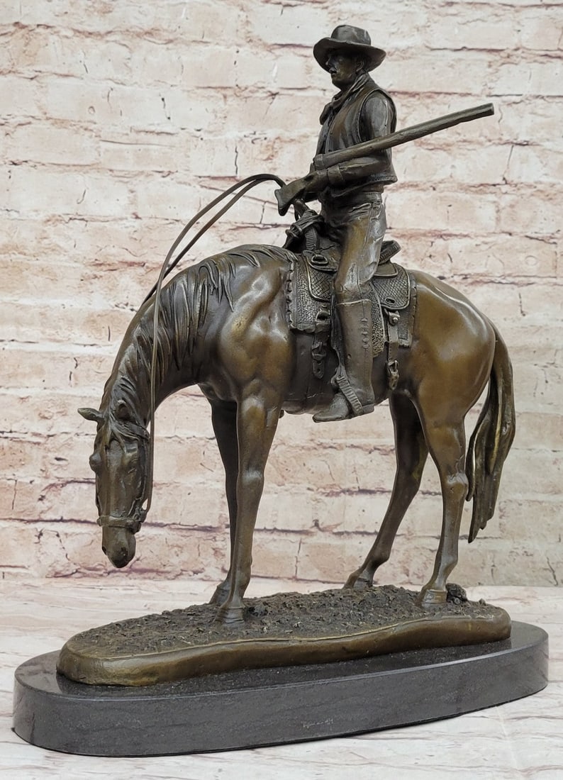 Horse Rodeo Rider Western Cowboy Bronze Sculpture: A Cowboy Charges Across The Dry Land With His Faithful Horse. His Horse Gallops, With Its Nose Pointed Forward. The Cowboy Holds The Reins Tightly In His Free Hand And He Squeezes His Thighs On Each