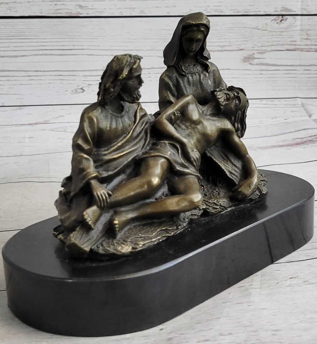 Lamentation the Dead Christ Religious Bronze Statue: The Lamentation Christ in the prone position, his sinister arm being cradled by the Virgin Mary who is at left, Kneeling front of Christ, Mary Magdalene cradles Christ feet, This sculpture stands on a