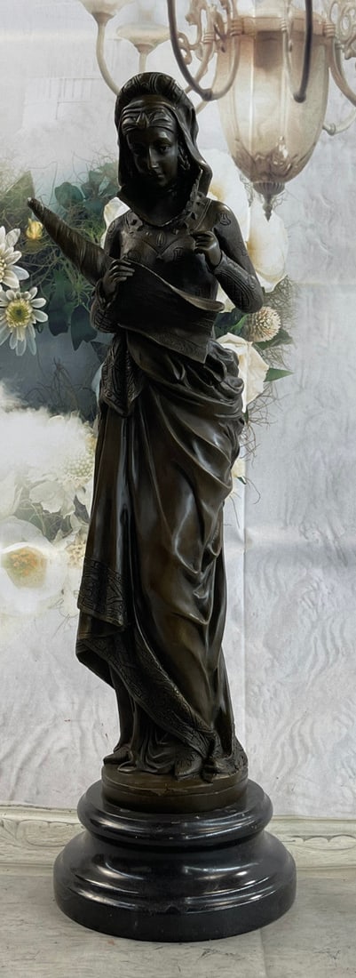 Fortuna Roman Goddess Bronze Statue: The pantheistic Romano-Egyptian goddess of fortune and destiny is holding a cornucopia. This bronze sculpture has a brown patina and was cast using the Lost Wax Method and mounted on a marble base. Di