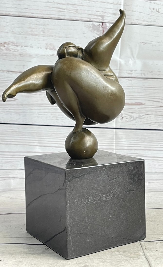Modern Art Cast Bronze Statue: Keeping her body very still, the plump curvy woman balances her entire body onto a small little ball. The composition recalls the Classical sense yet adopts a modern abstract flair that gives her