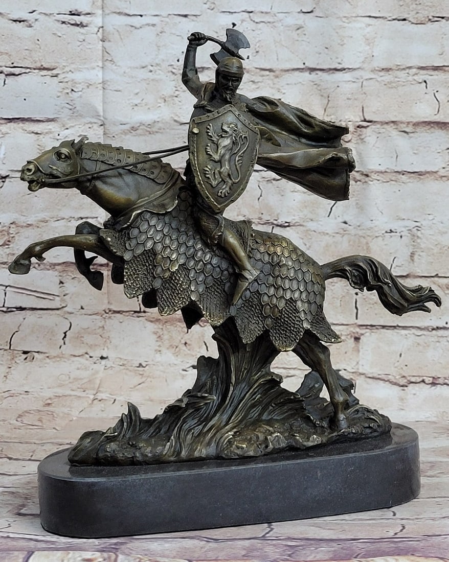 Japanese Samurai Warrior on Horse Bronze Statue: This bronze sculpture representation shows the early days when Vikings revealed their strength and power. It shows the Viking in a primitive purity on top of the powerful horse with its front legs dra