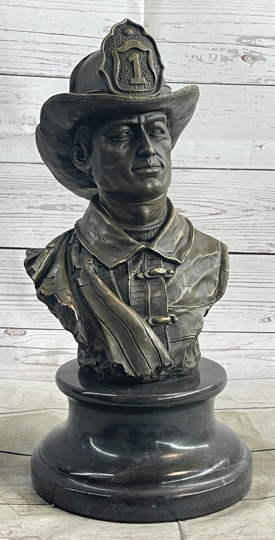 Fireman Fighting Fire in Action Bronze Statue: Truly a presentation to be appreciated. This is a wonderful piece of a brave firefighter bust sculpture. A great gift for yourself or someone special! Will stand out in any decor. We all love and