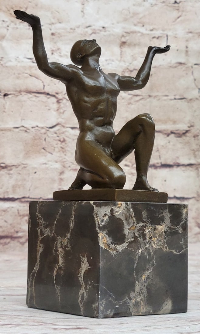 Nude Naked Male Athlete Bronze Sculpture: The Kneeling Adonis is, it suggests his body language, an adoring, and equally adorable handsome youth. Adonis, in Greek mythology, is the god of beauty and desire and is a central figure in various m