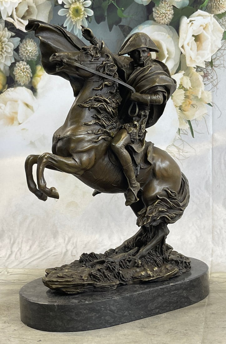 Napoleon Bonaparte Riding Horse Bronze Sculpture: Napoleon Bonaparte was born August 15 1769 and died May 5, 1821. He was a military and political leader of France and Emperor of the French as Napoleon I, whose actions shaped European politics in the