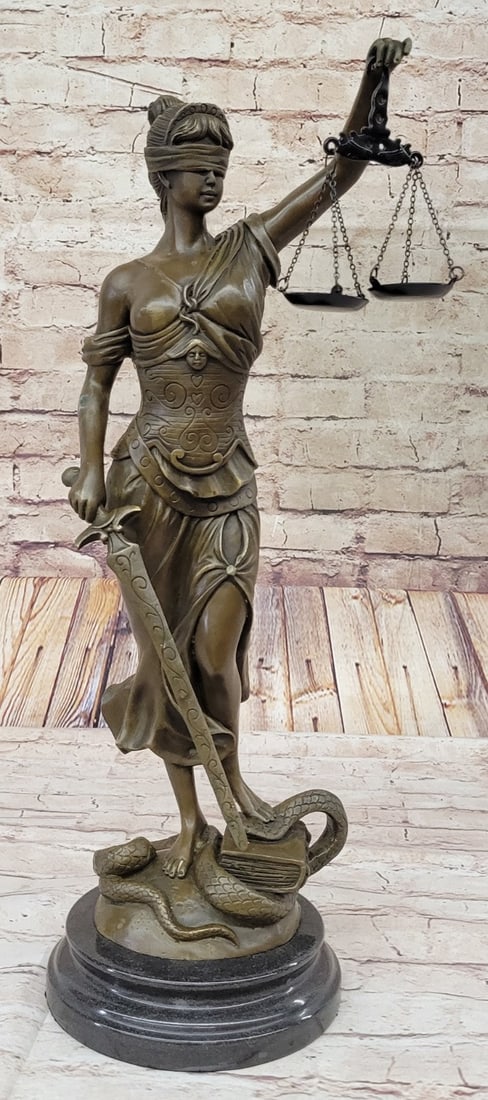 Blind Justice Bronze Sculpture: The bronze sculpture is of Lady Justice Roman goddess of Justice who is the symbolic personification of the moral force in judicial systems. As anciently depicted, the blindfolded Lady Justice is seen