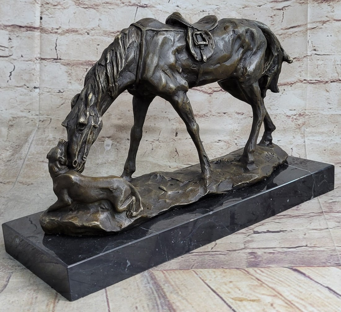 Dog and a Horse Friendship Bronze Sculpture: This Bronze Sculpture captures a typical day seen on a ranch or farm. We witness the beginning of a friendship, that forgets the borders of species and embraces curiosity. The saddled horse