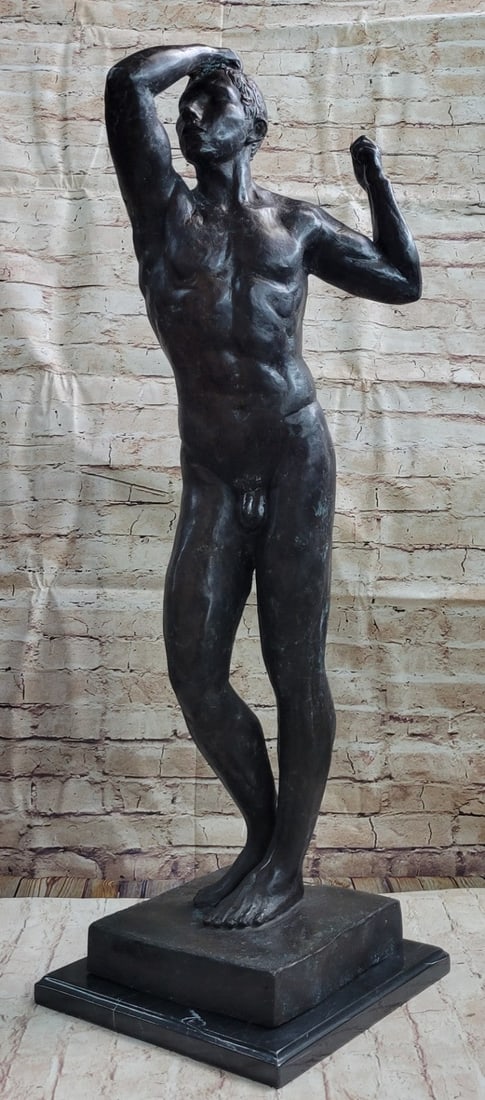 Nude Male Man Bronze Sculpture: The lively modeling of the nude and its deceptively realistic appearance represented such a departure from the conventions of academic Sculpture of the time that Rodin was accused of casting from a li