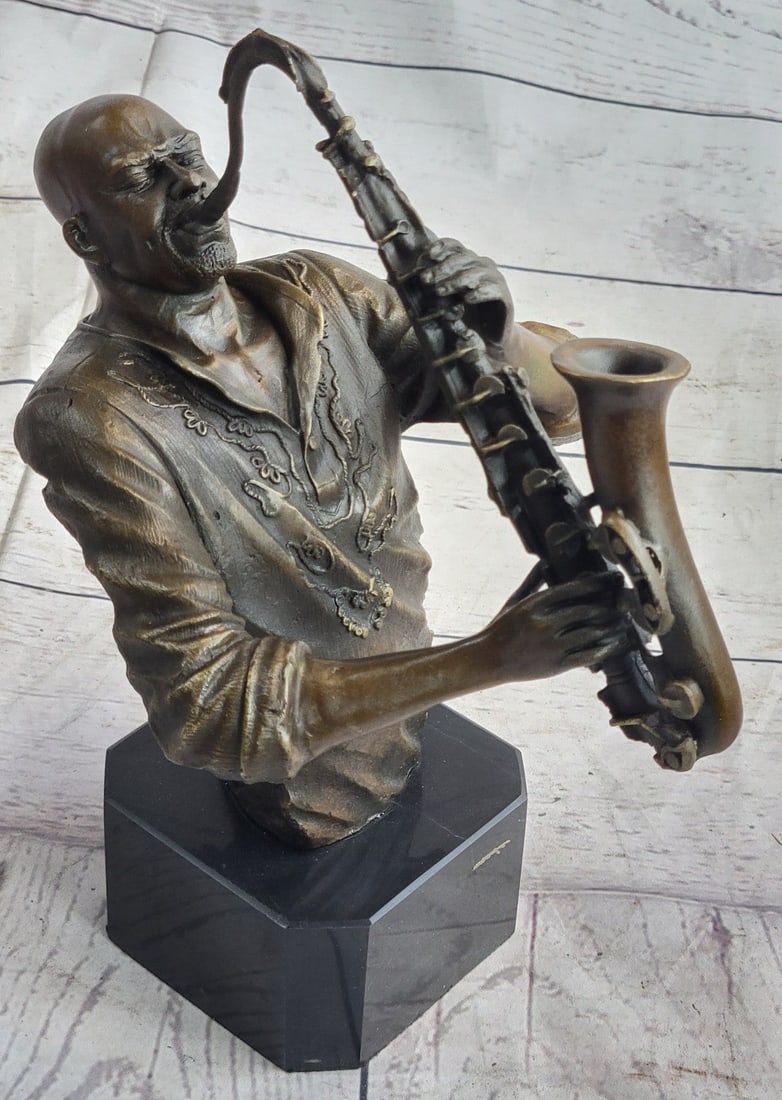 Musician Bronze Statue: This gorgeous Figural Decoration of Bust of a Black Musician Playing the saxophone figurine has the finest details and highest quality you will find anywhere! The craftsmanship of this lovely Saxophon
