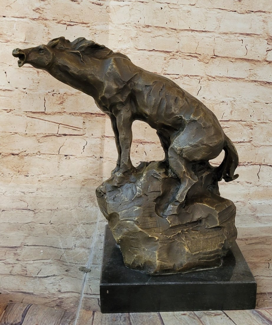 Stallion Horse on Rock Bronze Statue: This abstract and modern horse gallops into the wind and rears up letting out a wild neigh as the wind seems to push against him with a mighty force. This abstract horse captures emotions from the art