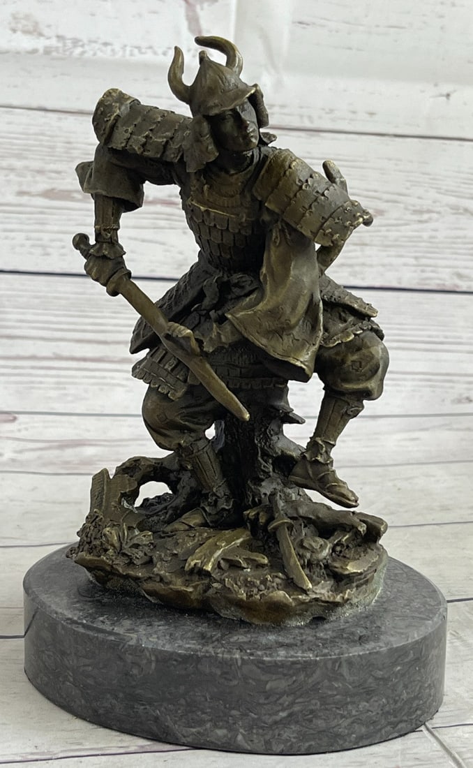 Japanese Warrior Samurai With Sword Bronze Sculpture: This samurai is dressed in head-to-toe armor for his own protection. He bends his knee to make sure he had the right pose to mark the best spot. This sculpture was cast using the ancient old Lost Wax 
