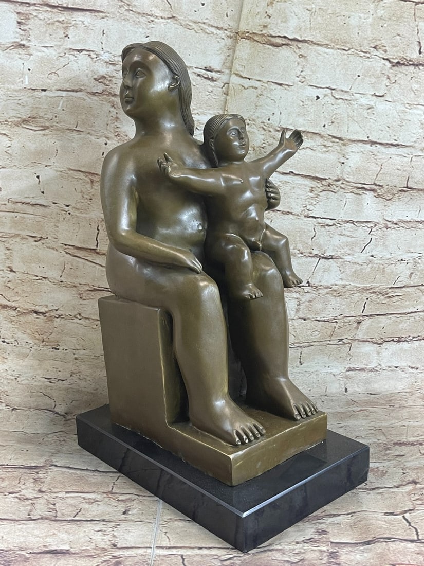 Modern Bronze Sculpture: This abstract piece of art is of a mother and her child. She balances the young child on her knee. The chubby child laughs joyfully, as the mother keeps a reassuring hand on his back. She has a full