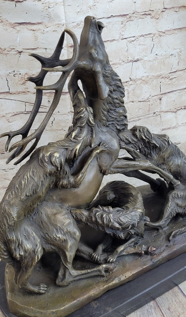 Elk Fighting Pack of Dogs Wild Life Bronze Sculpture - 7