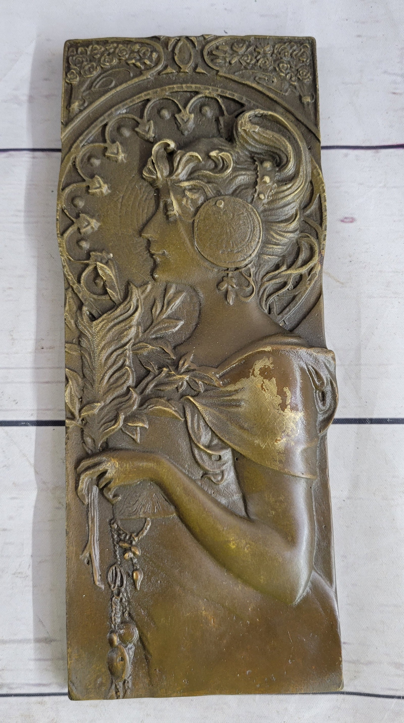 Plaque of Sexy Girl Bronze Sculpture: These Breathtakingly beautiful these bas reliefs show a side profile of a woman, amazingly delicately prepared with detail. Rectangular pieces are framed and bordered with flowers. This Bronze