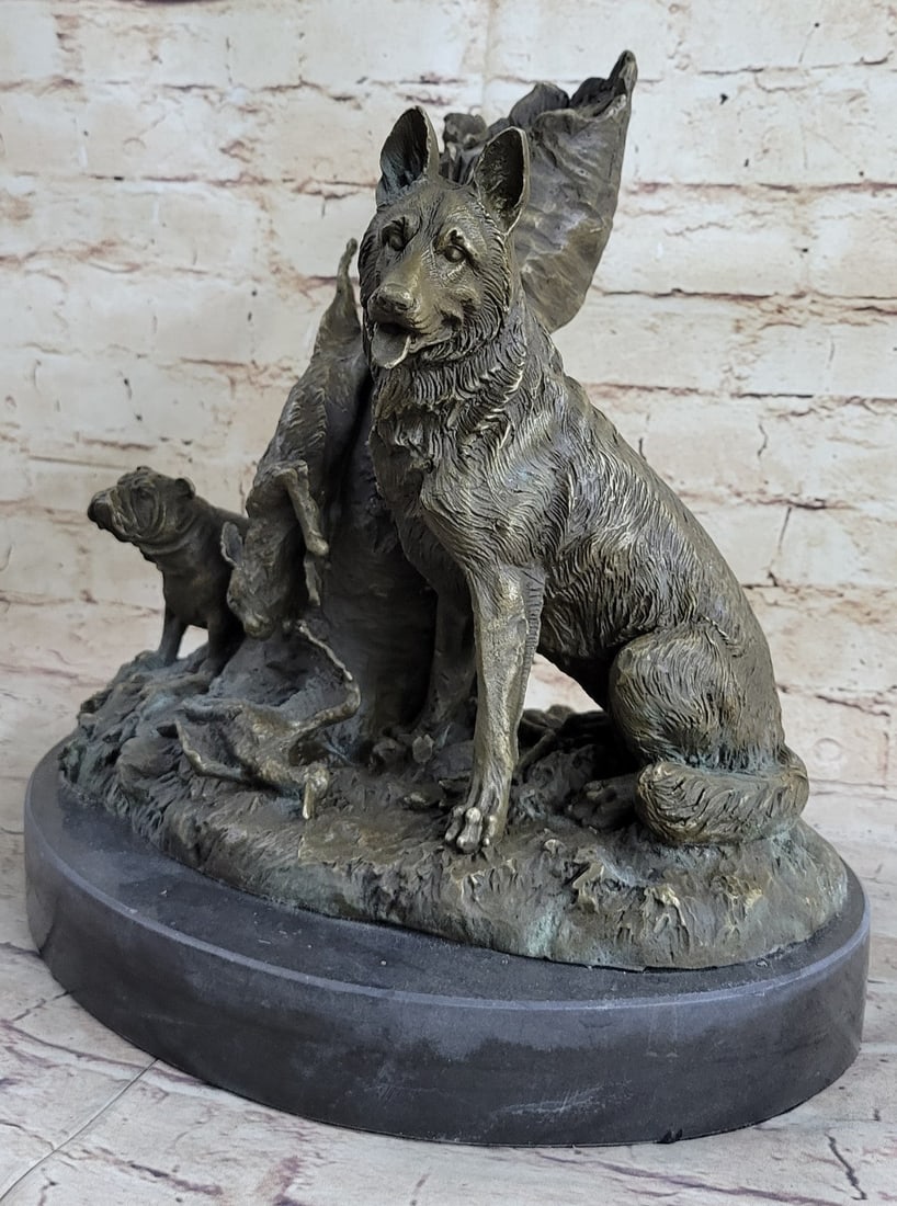 English Bulldog Bronze Sculpture: This intense piece features two hunting dogs, one is a Pitbull and the other is a German Shepherd, sitting next to a dead rabbit and a dead bird. They both look ahead, as their owner has undoubtedly
