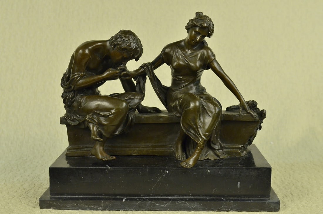 Romance Love Bronze Sculpture: Scorned by his love this young woman is trying to resist is sweet apology. Reluctantly she gives him her hand, he kisses it, uttering one more time how much he loves her. Her head tilts as she debates