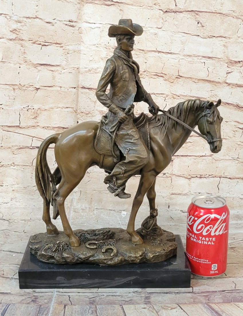 Cowboy With Hat Riding Horse Bronze Sculpture - 2