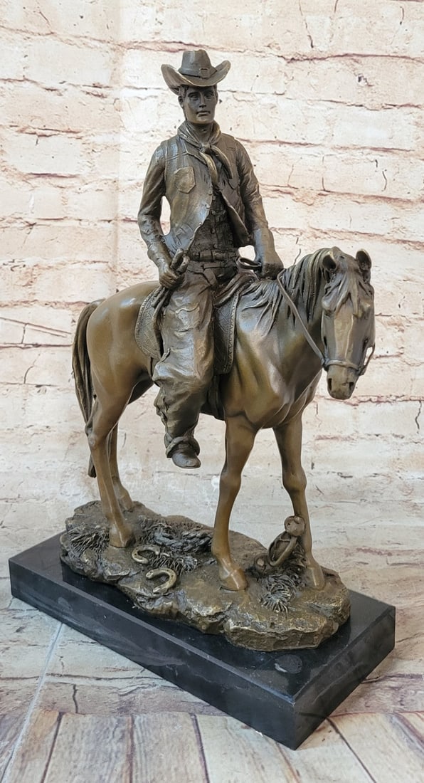 Cowboy With Hat Riding Horse Bronze Sculpture - 3