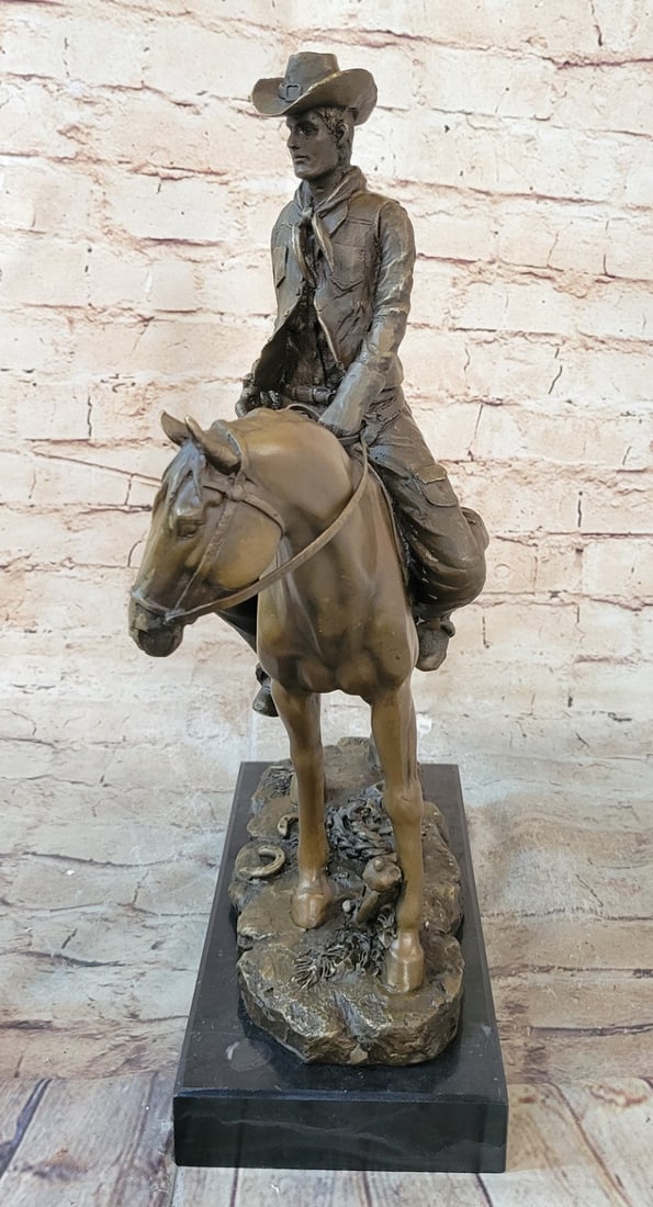 Cowboy With Hat Riding Horse Bronze Sculpture - 4