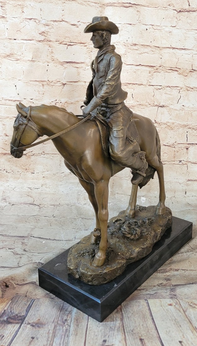 Cowboy With Hat Riding Horse Bronze Sculpture - 5