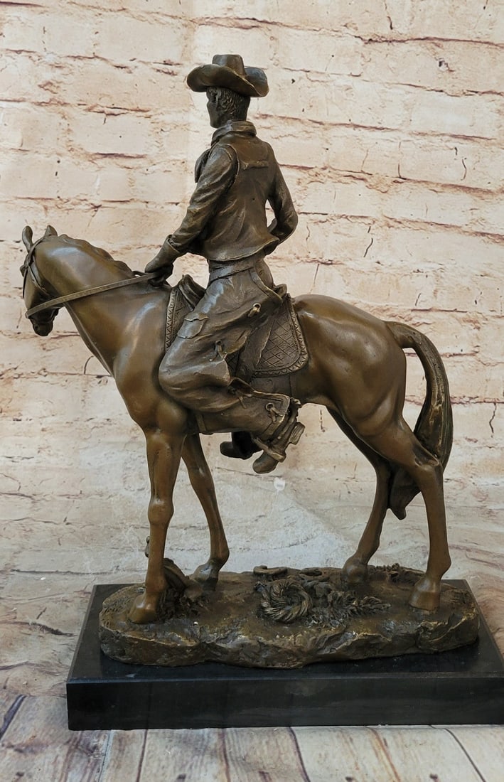 Cowboy With Hat Riding Horse Bronze Sculpture - 6
