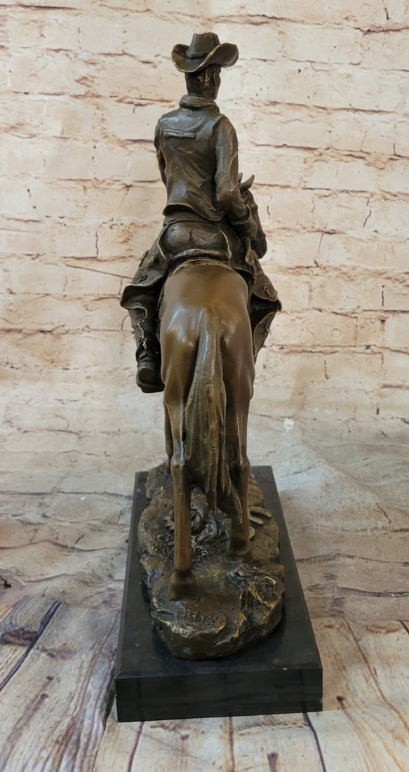 Cowboy With Hat Riding Horse Bronze Sculpture - 7