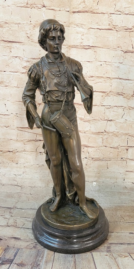 War Drummer Bronze Sculpture: Shown wearing the standard attire of the French civil war period. Both Royalists and Parliamentarians had drummers to communicate with troops by coded drum messages. The design of the drums used and t