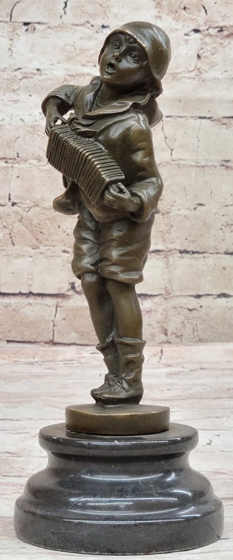 Boy with Accordion Bronze Sculpture: This delightful little brace boy stands in front of an audience and plays the accordion while he sings to them. He is wearing the cutest little outfit, A little rain hat, shorts, and a jacket that