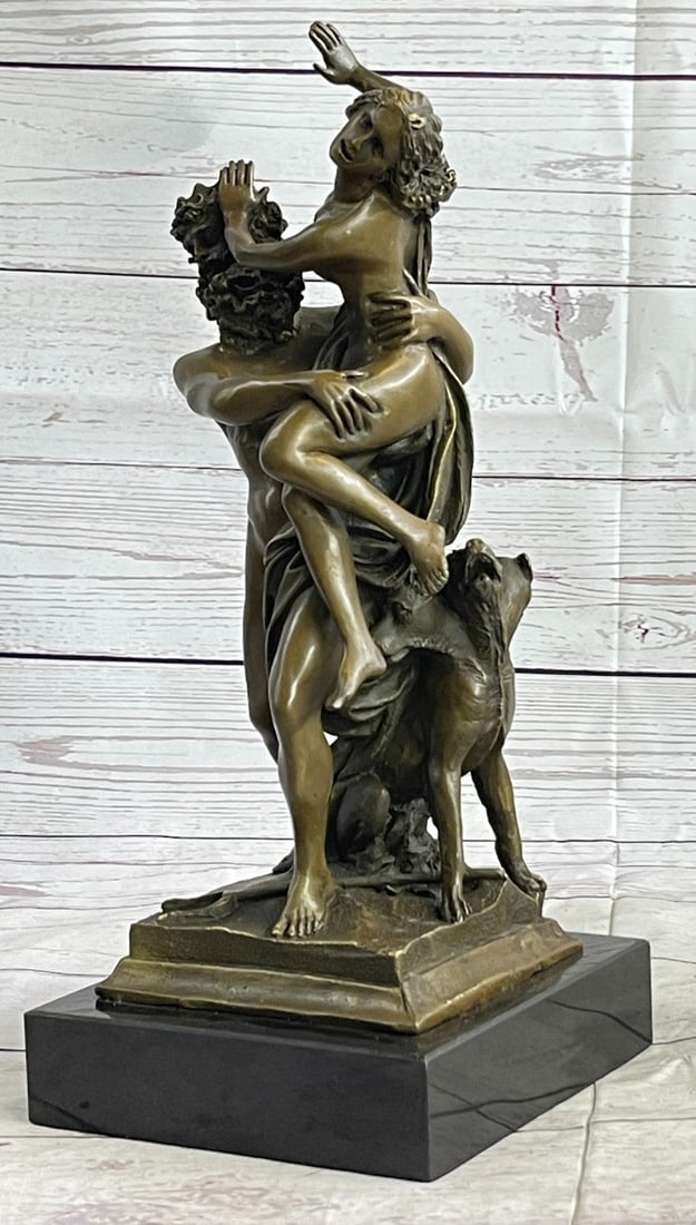God Pluto Abduction of Sabine Woman Bronze Sculpture: A strong powerful ancient Greek god exhibits his strength and power carrying a protesting woman. This bronze sculpture stands on a marble base and it was cast using the lost wax method. Dimensions: