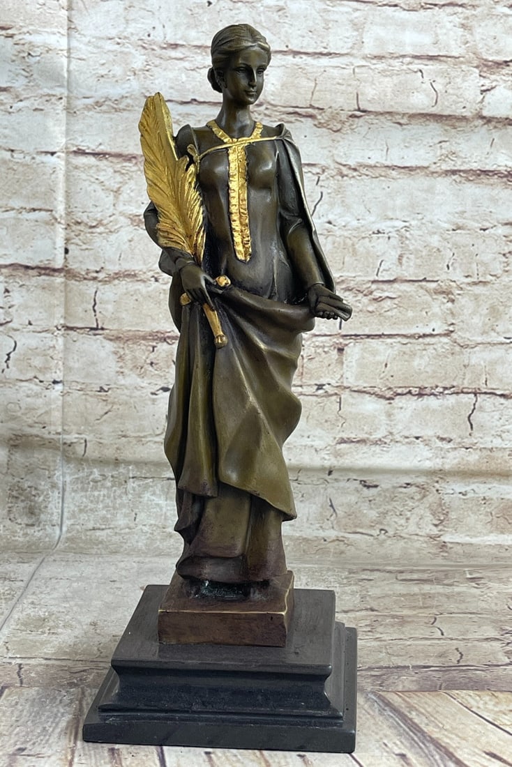 Lady Wisdom Greek Goddess Bronze Sculpture: A symbolic work with woman arm clutching sword covered by a palm branch, while in her other hand holds a small lantern. A smaller recast of Peace with nice detail was produced during world war I.