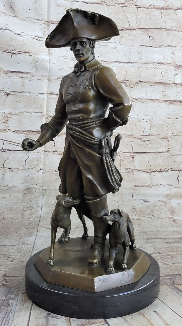 Warrior King with two Dogs Bronze Sculpture: Frederick the Great, King of Old Prussia, and Warrior King (father of Prussian militarism) are revered in Germany like no other, even in Germany?s ultra-liberal society of today. Even in the