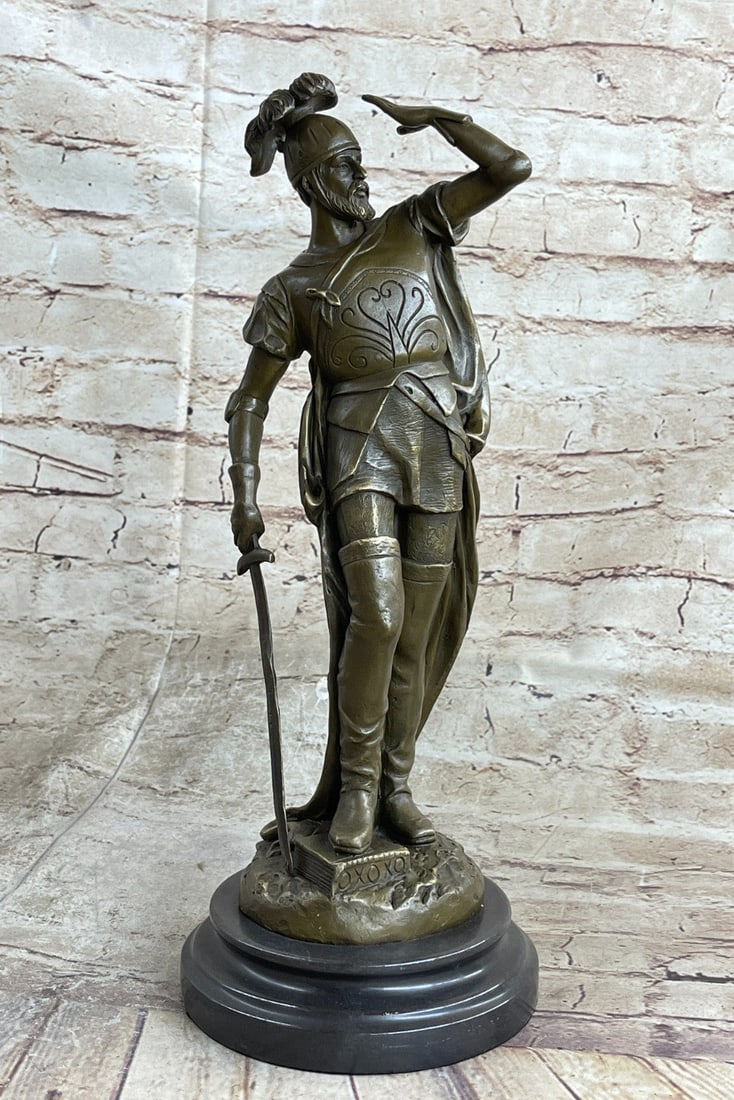 Roman Legion Soldier Bronze Sculpture: The Roman legion soldier stands looking to the horizon of a scarred battlefield. This bronze sculpture was cast using the ancient method of lost-wax casting and stained with a brown patina finish for